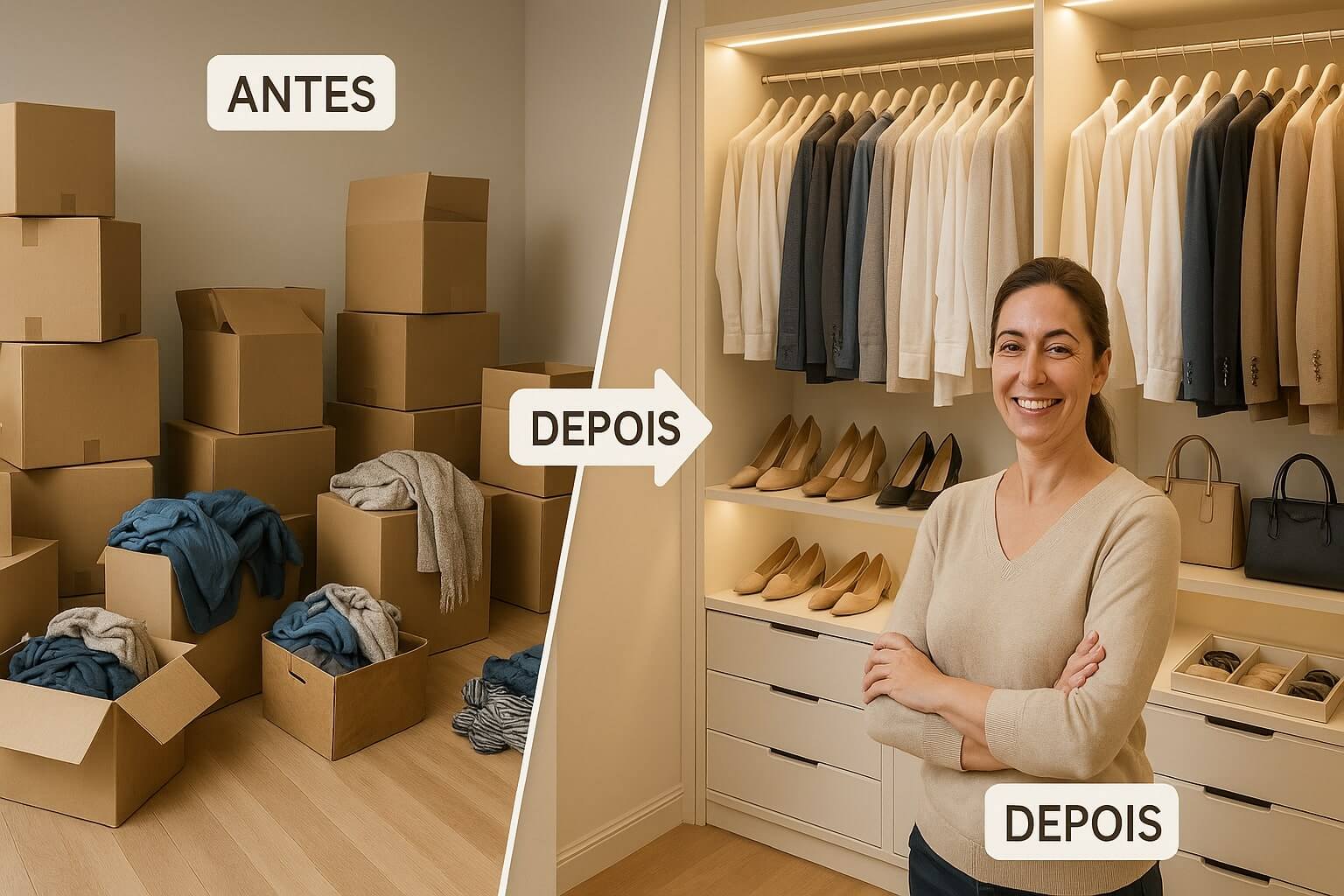Antes e depois de uma mudança organizada: de caixas empilhadas para um closet perfeitamente organizado