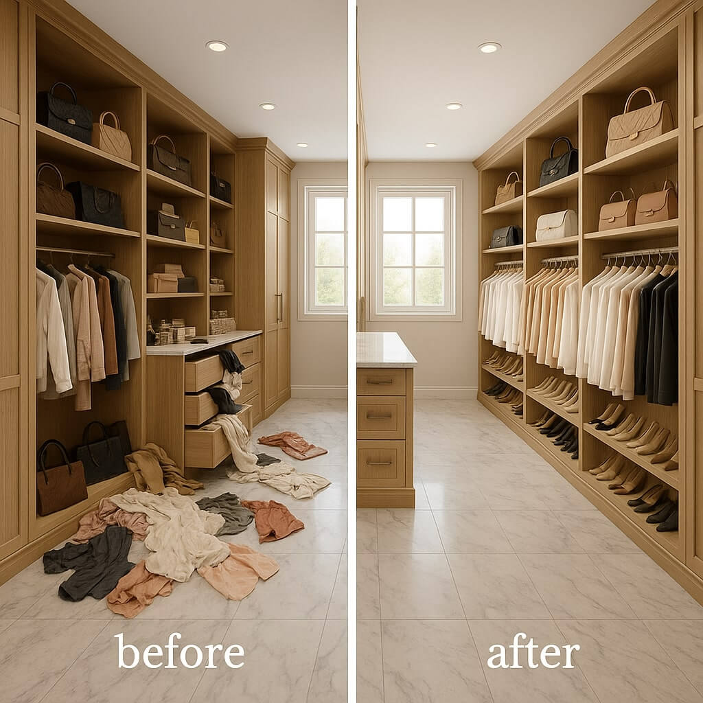 Antes e depois de closet organizado: organização residencial de alto padrão
