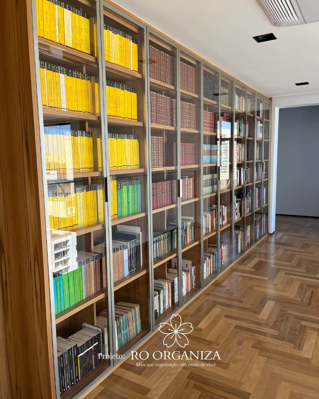 Biblioteca com livros organizados por cor